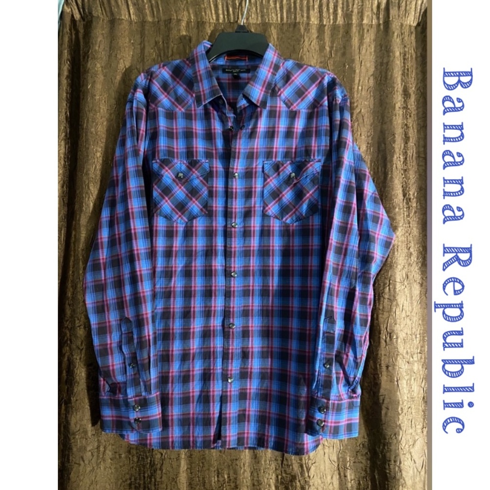 Banana Republic XL slim fit plaid dress shirt with pearlized snaps-EUC